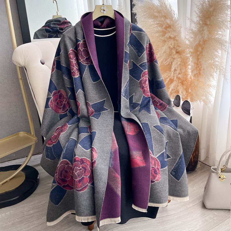 Light-luxury Camellia Bow Shawl Double-sided Thickened Scarf photo 2