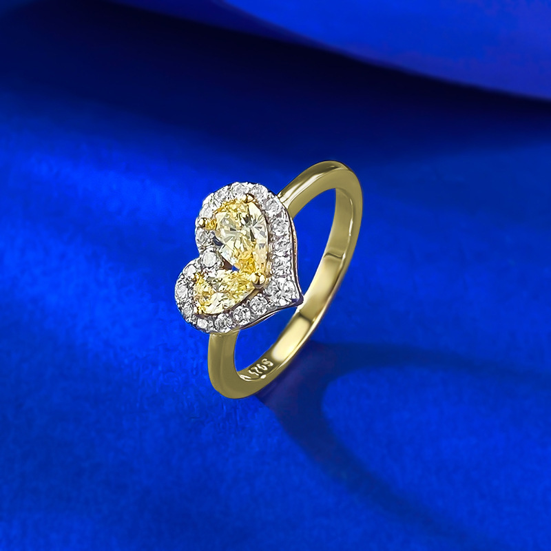 S925 Silver Pear-shaped Yellow Diamond Heart-shaped Ring For Women photo 3