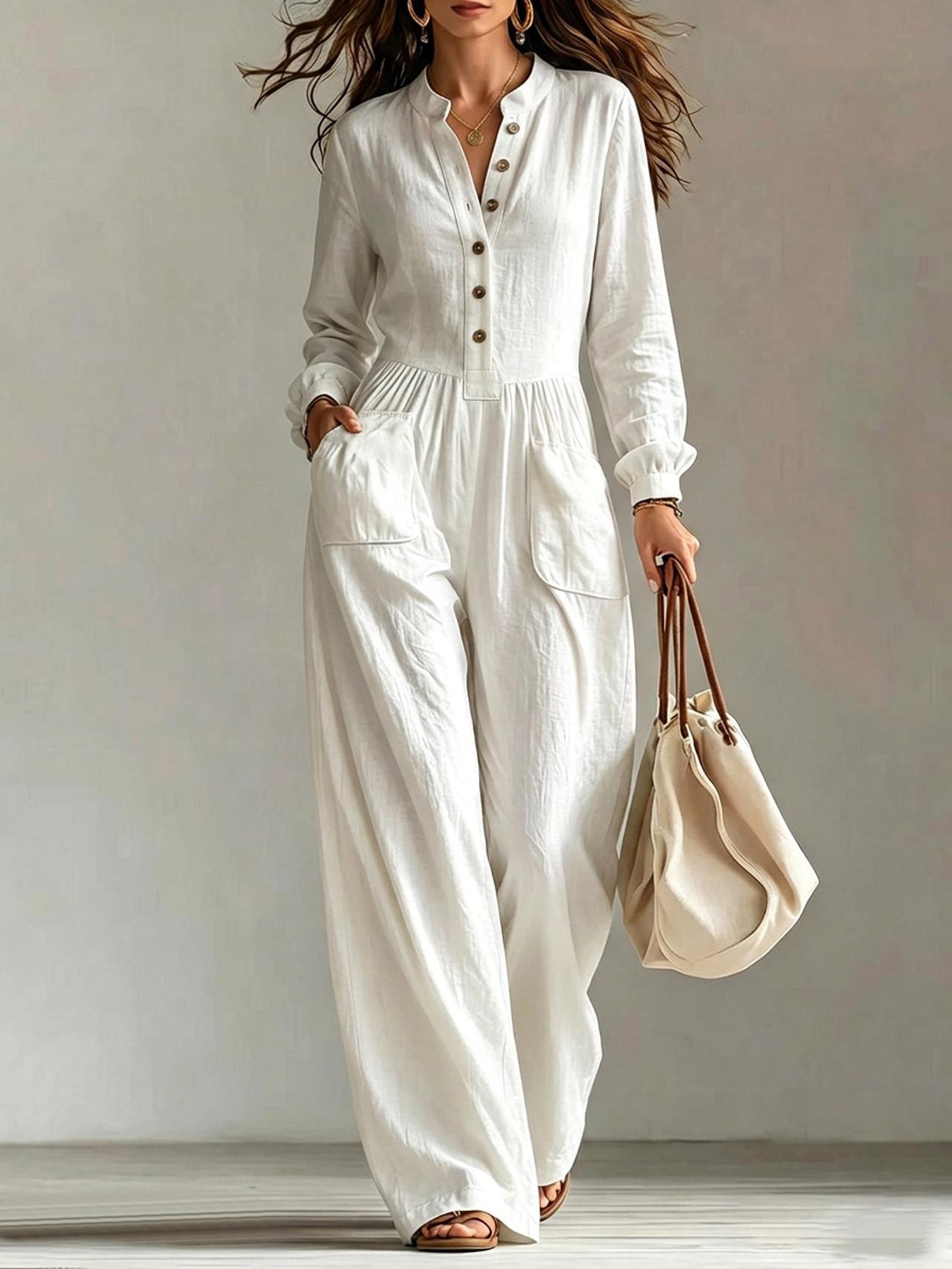 Jumpsuit With Buttons Waist-cinching Design And Pockets photo 4