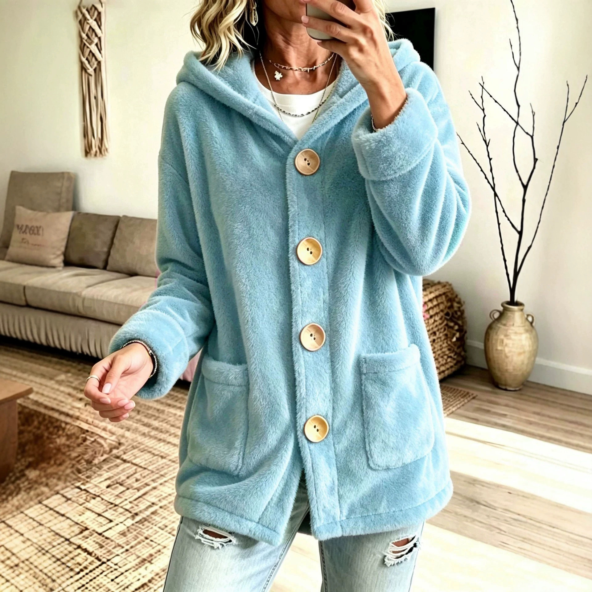 Hooded Velvet Outerwear Loose-fitting Cardigan Top photo 2