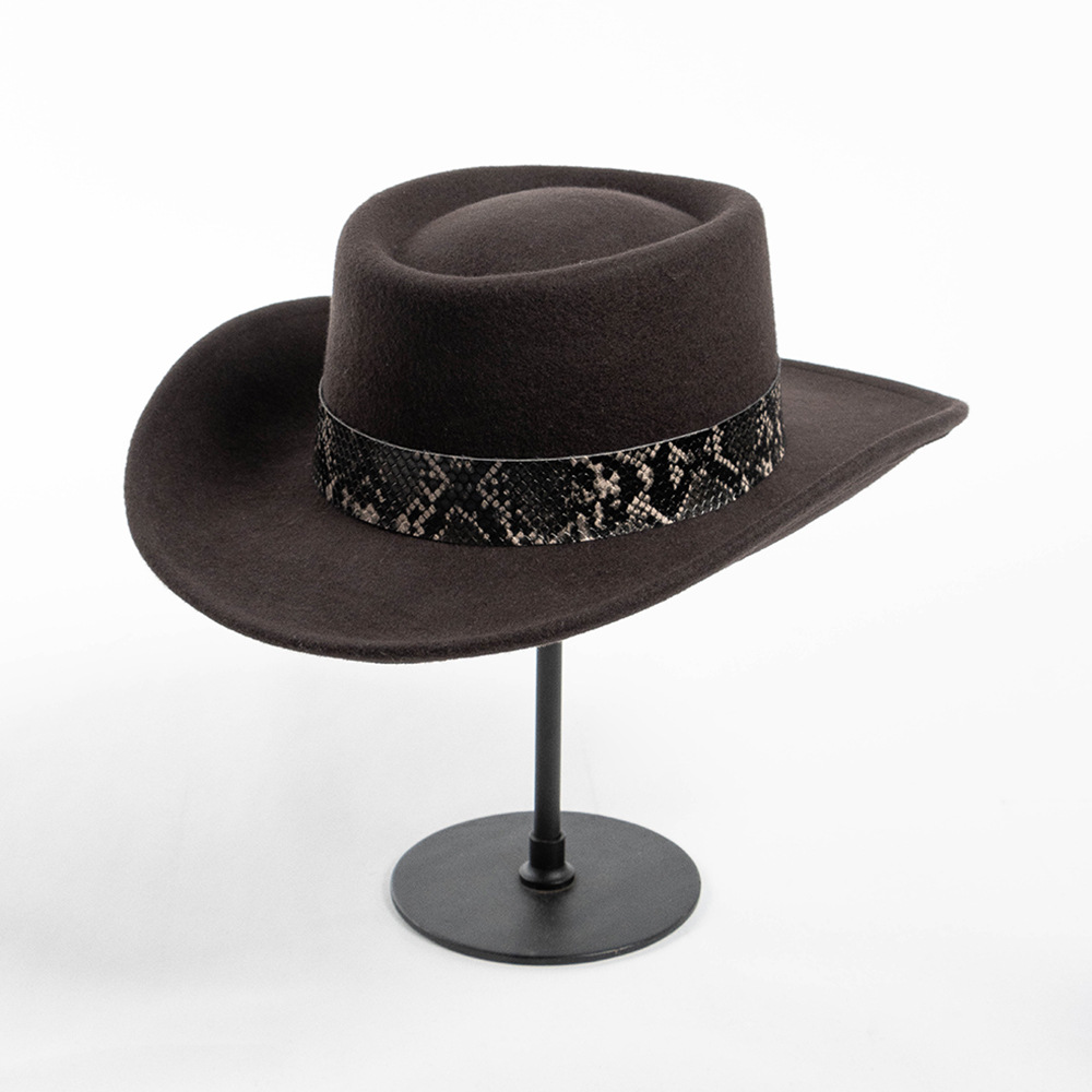 Wool Top With Snake-pattern Trim Felt Hat Pork Pie Cap Wide-brimmed Winter Hat photo 3