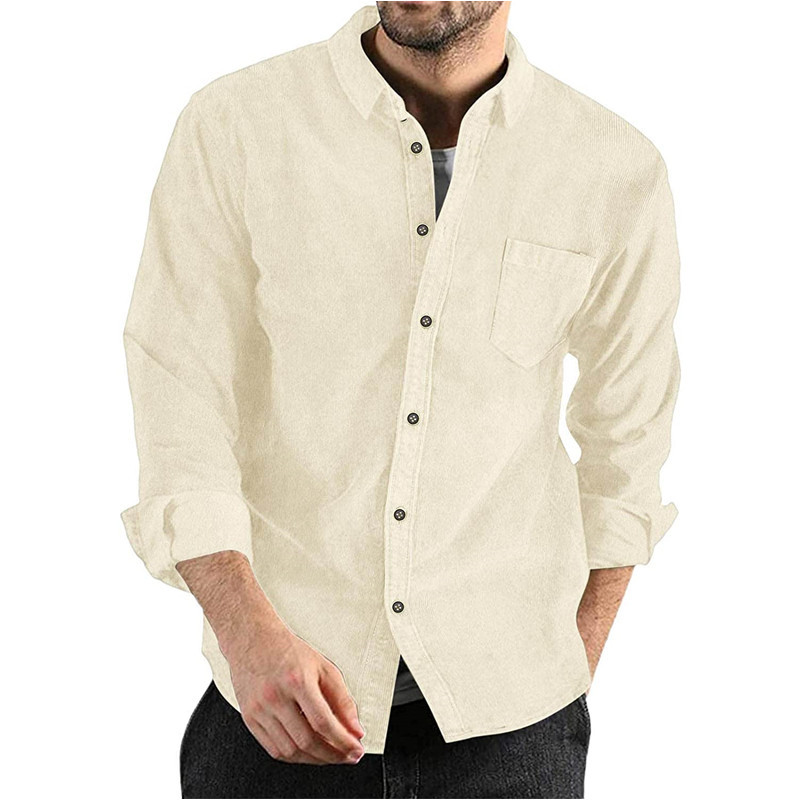 Corduroy Lapel-button Loose-fit Mens Long-sleeve Shirt photo 2