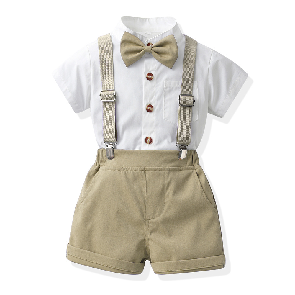 Boys Candy-Colored Stand-Neck Short-Sleeve Suspender Pants Set photo 4