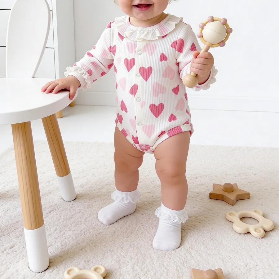 Baby Girl Cotton Ribbed Romper With Heart Print photo 3