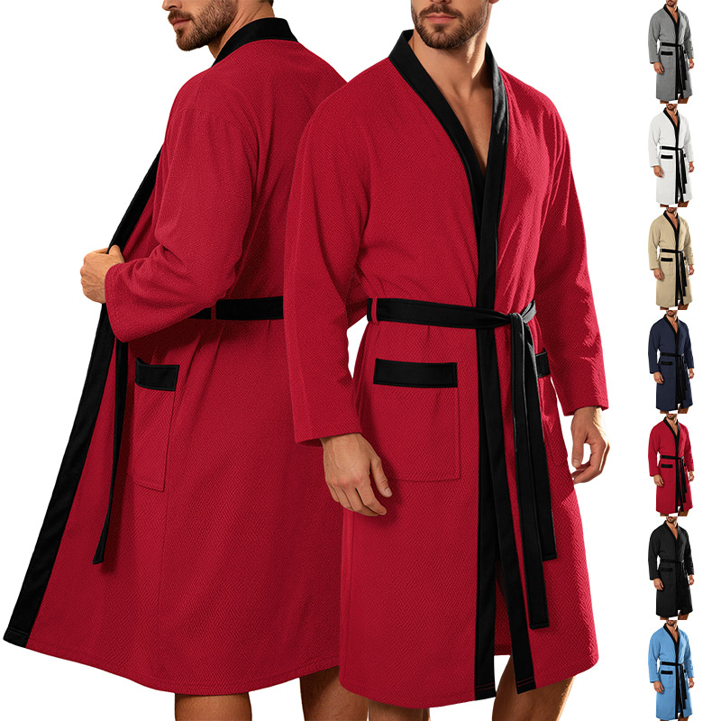 Mens Twill Terry Cloth Casual Long Robe With Two Pockets And Drawstring Tie photo 2