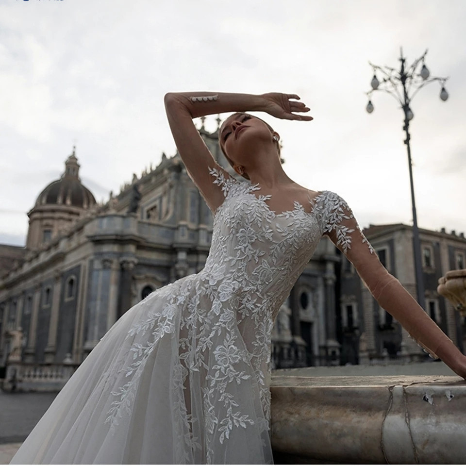 Lace Sheer Tulle A line Wedding Gown With A Short Train, Exuding Elegance For The Bride photo 4