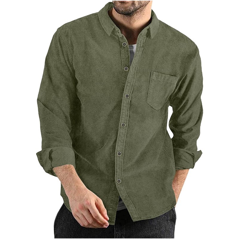 Corduroy Lapel-button Loose-fit Mens Long-sleeve Shirt photo 4
