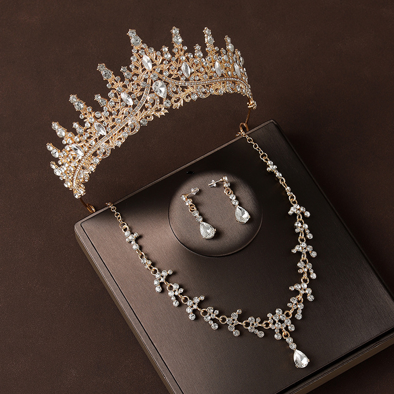 Crown Headdress Necklace Earrings Champagne Gold Vintage photo 4