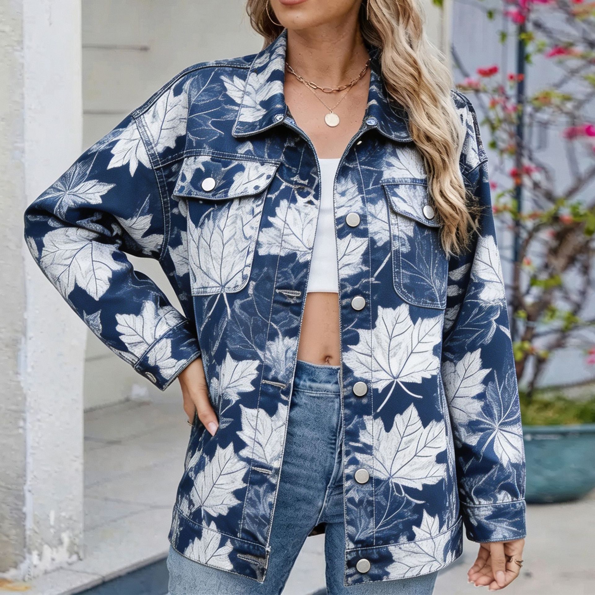 Women's Denim Jacket With All-Over Plant Print photo 2