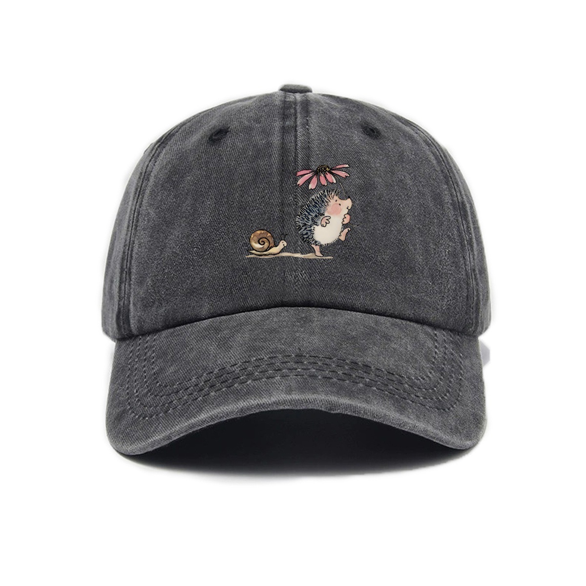 Simple Cartoon Hedgehog And Snail Print Washed Out Vintage Baseball Cap photo 6