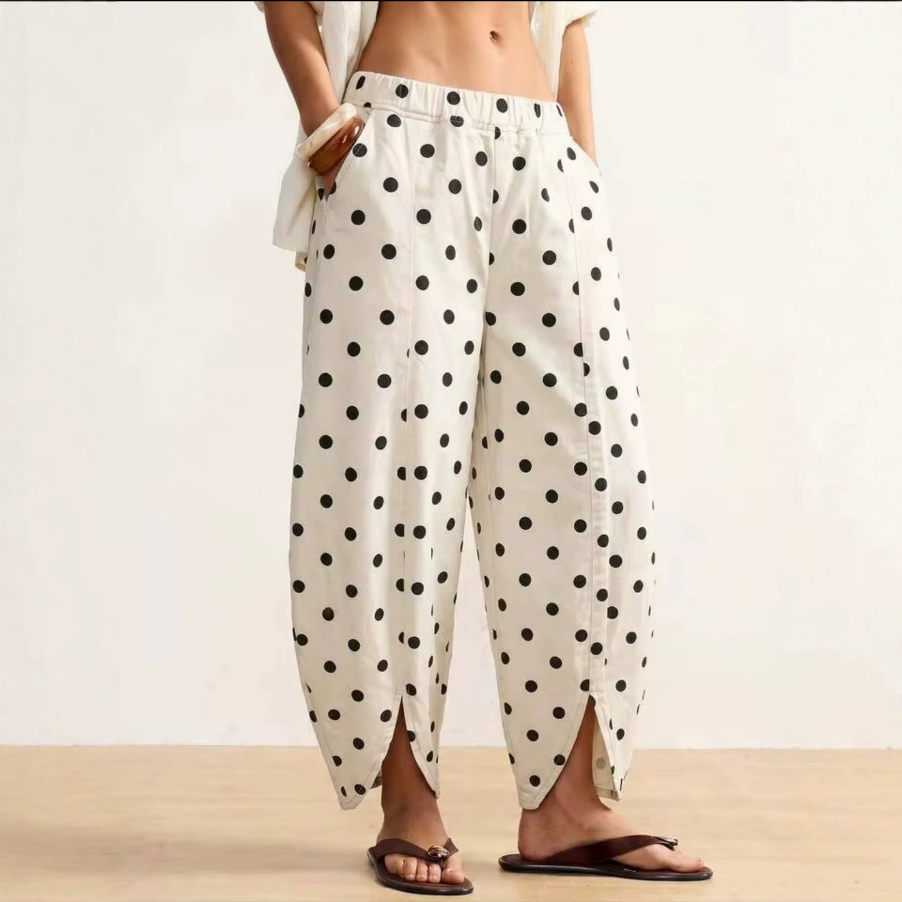 Korean-style Versatile Elastic-waist Wide-leg Pants With Round Polka Dots photo 3