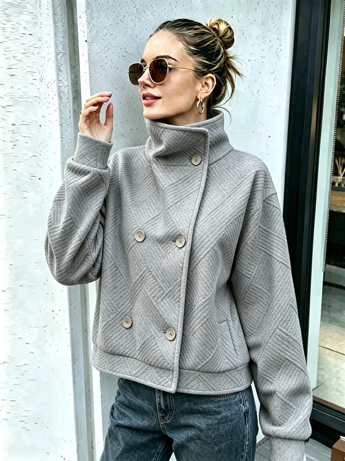 Women's Buttoned Turtleneck Double-breasted Lapel Coat photo 5