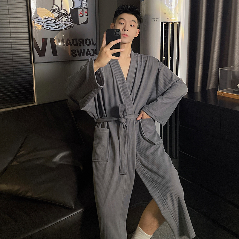 Mens Autumn Winter Solid-Color Belted Cardigan Robe photo 2