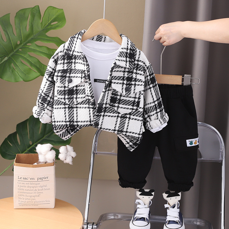 Spring And Autumn Casual Plaid Long-Sleeved Shirt Three-Piece Set photo 2