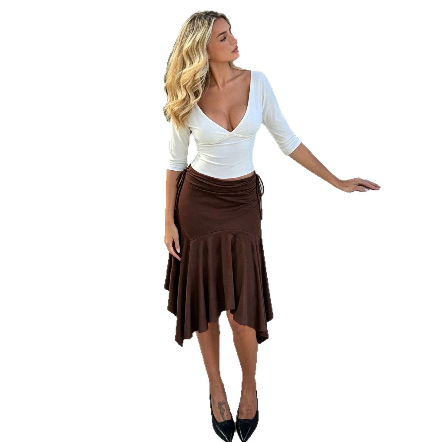 Retro Low-waist Pleated Lace-up Asymmetrical Midi Skirt photo 2