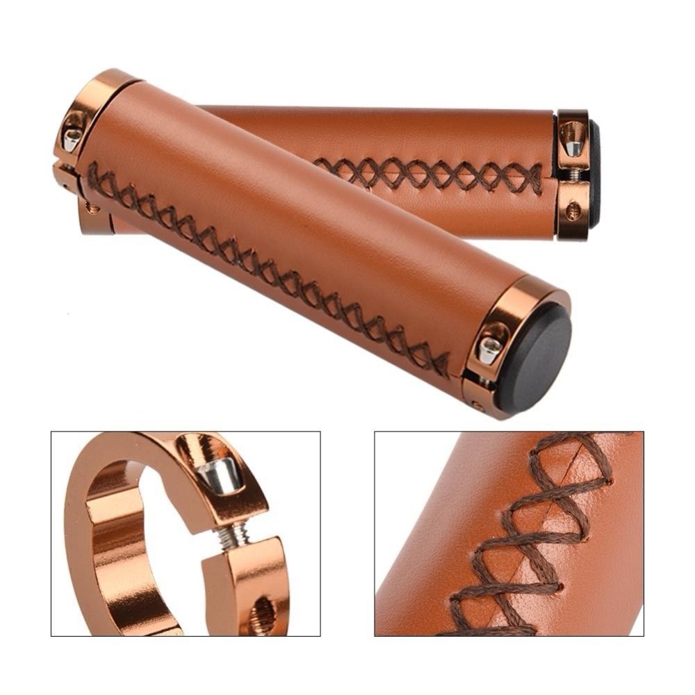 Vintage Bicycle Leather Handlebar Grips With Lock And Non-slip Cover photo 2