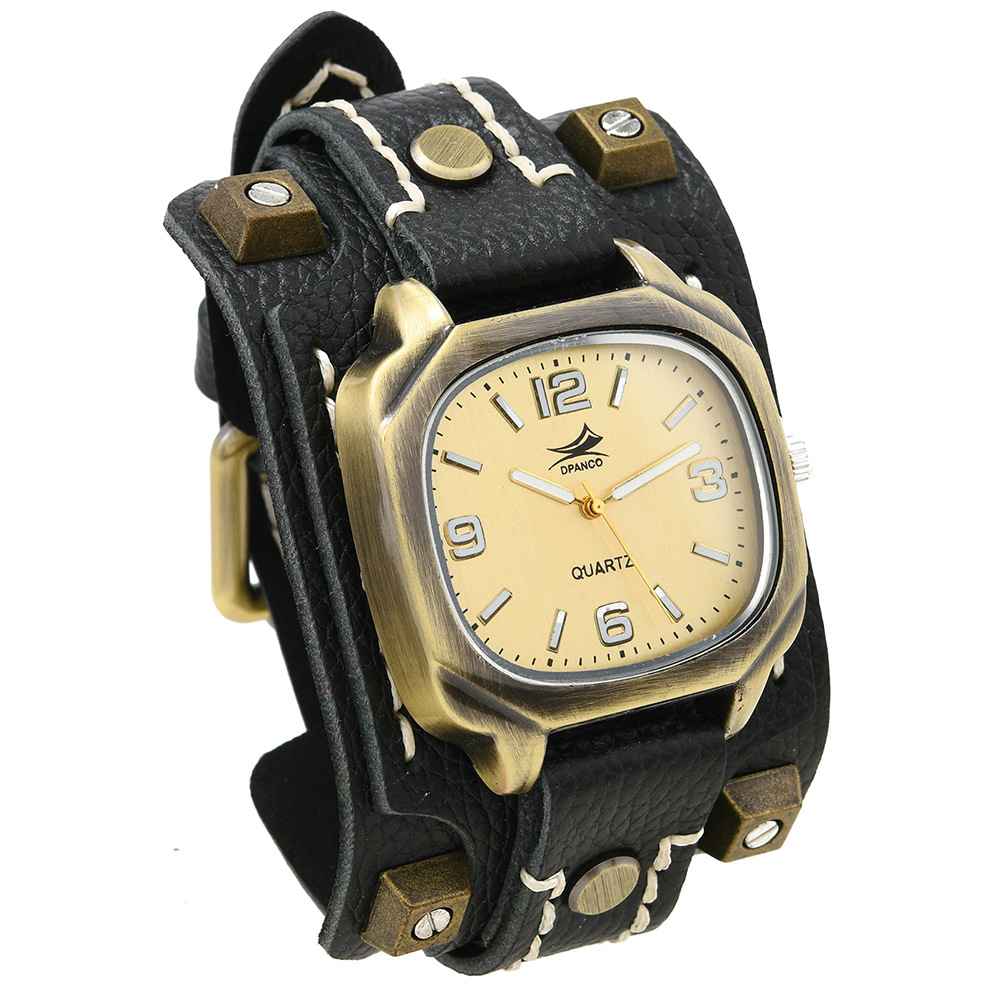 Vintage Studded Leather Watch Bracelet Adjustable Hand-stitched Cuff photo 4