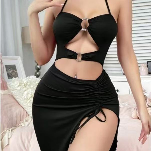 Womens Halter-Neck Slim-Fit Split Dress With Drawstring photo 3