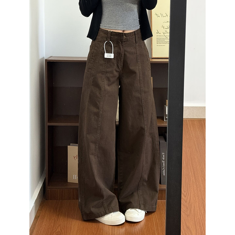 Women's High-waisted Straight-leg Wide-leg Denim Pants In Coffee Color photo 4