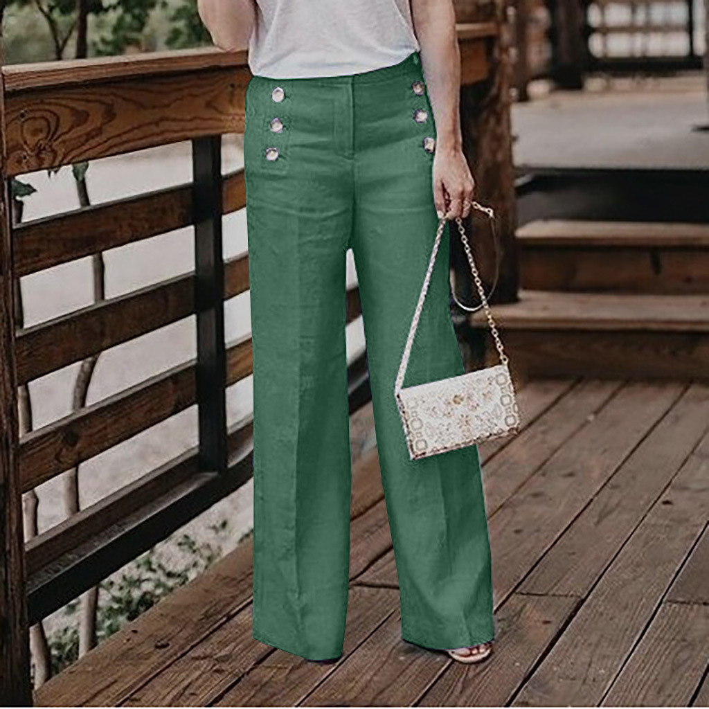 Women's High-Waisted Casual Cotton-Linen Wide-Leg Pants With Buttons photo 6