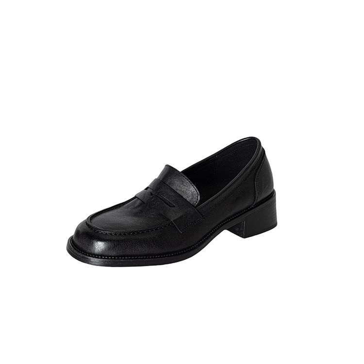 Deep Round-toe Chunky-heel Leather Slip-on Loafers For Women photo 4