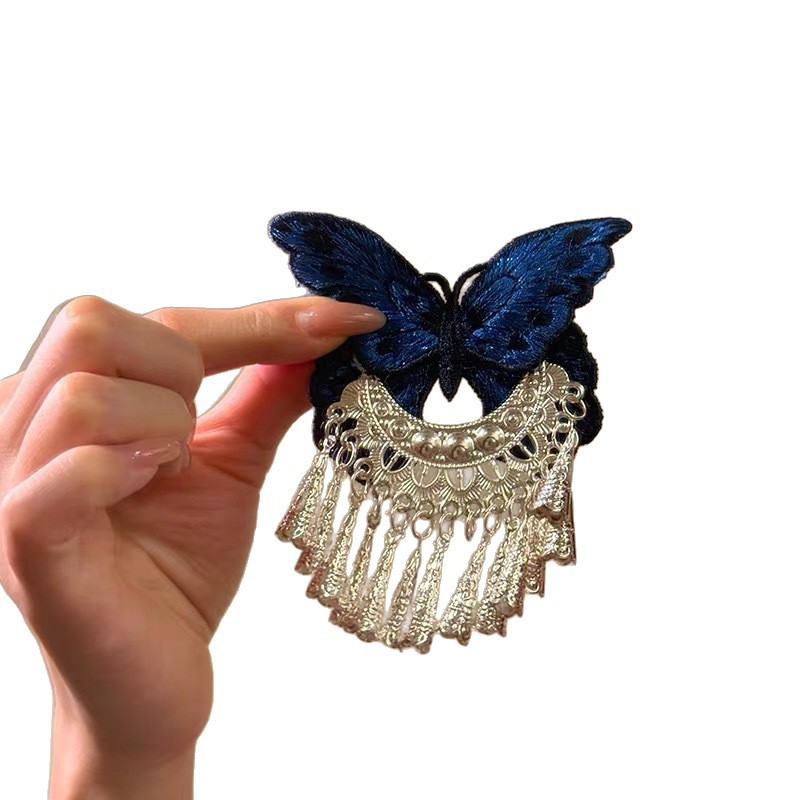 Vintage Blue Butterfly-embroidered Silver-bell Tassel Hair Clip photo 6