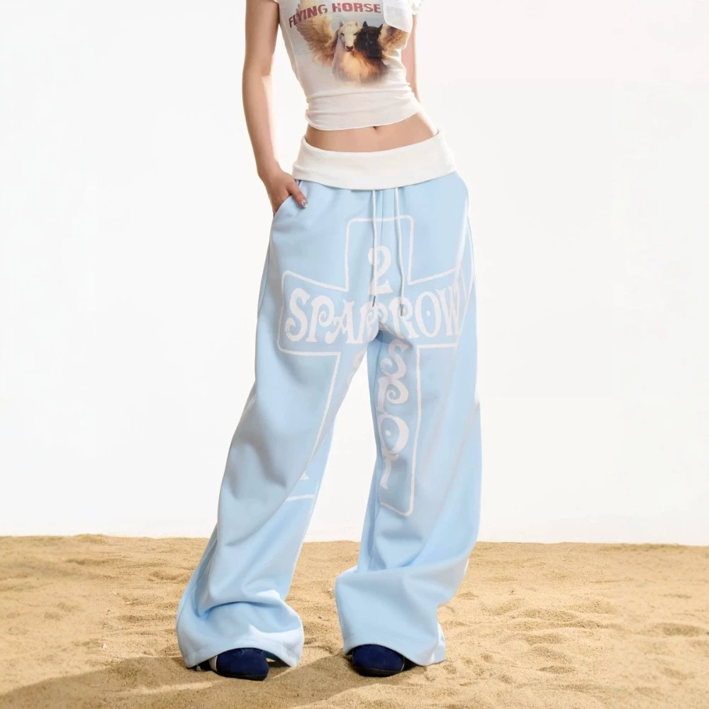 Vintage Letter Print Drawstring Wide Leg Cotton Sweatpants photo 2