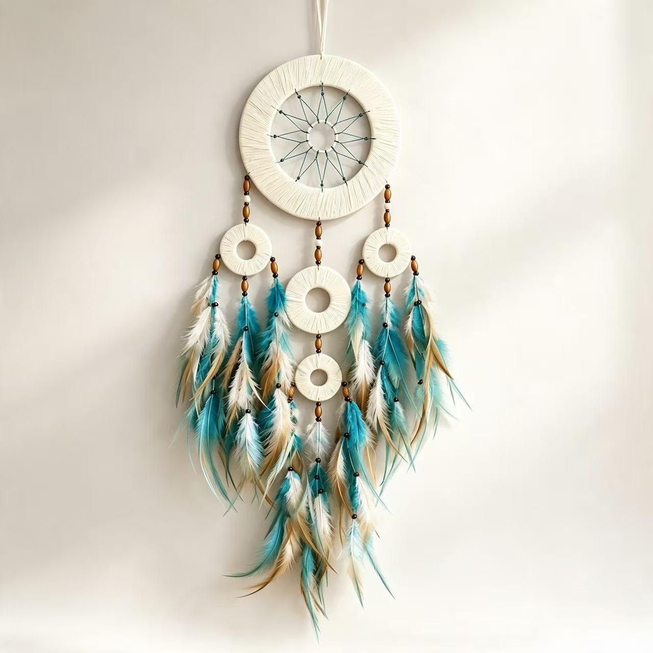 Forest Green Bohemian Five Ring Dreamcatcher - Feather Wall Hanging Decor for Home Bedroom Nursery photo 7