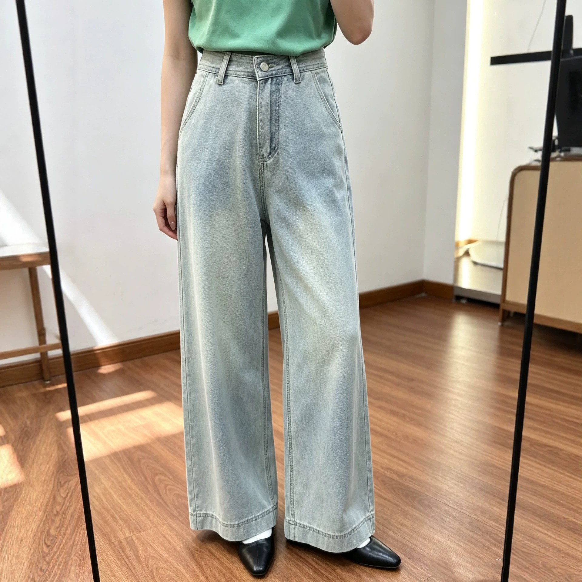 Women's Washed Blue Wide-Leg Denim Pants photo 1