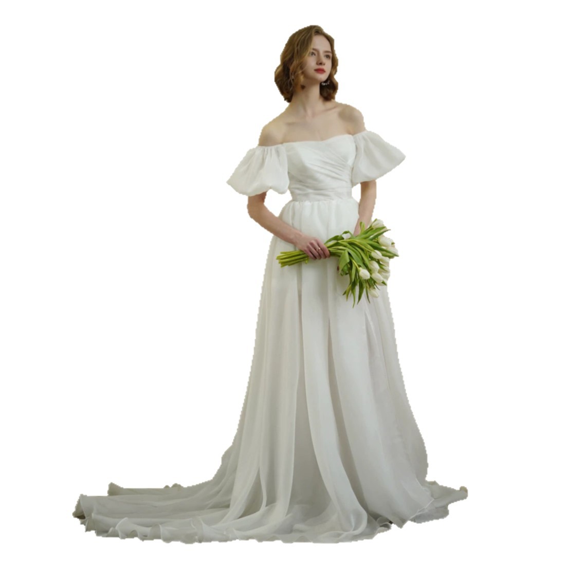Off-the-shoulder Lightweight Wedding Dress With A Minimalist Chiffon Design And An Elegant Long Train photo 6