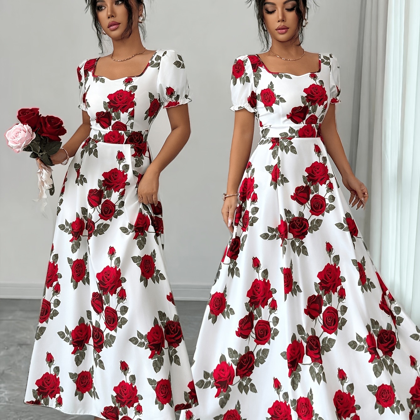 Elegant Vintage Rose-print Puff-sleeve Maxi Dress photo 4