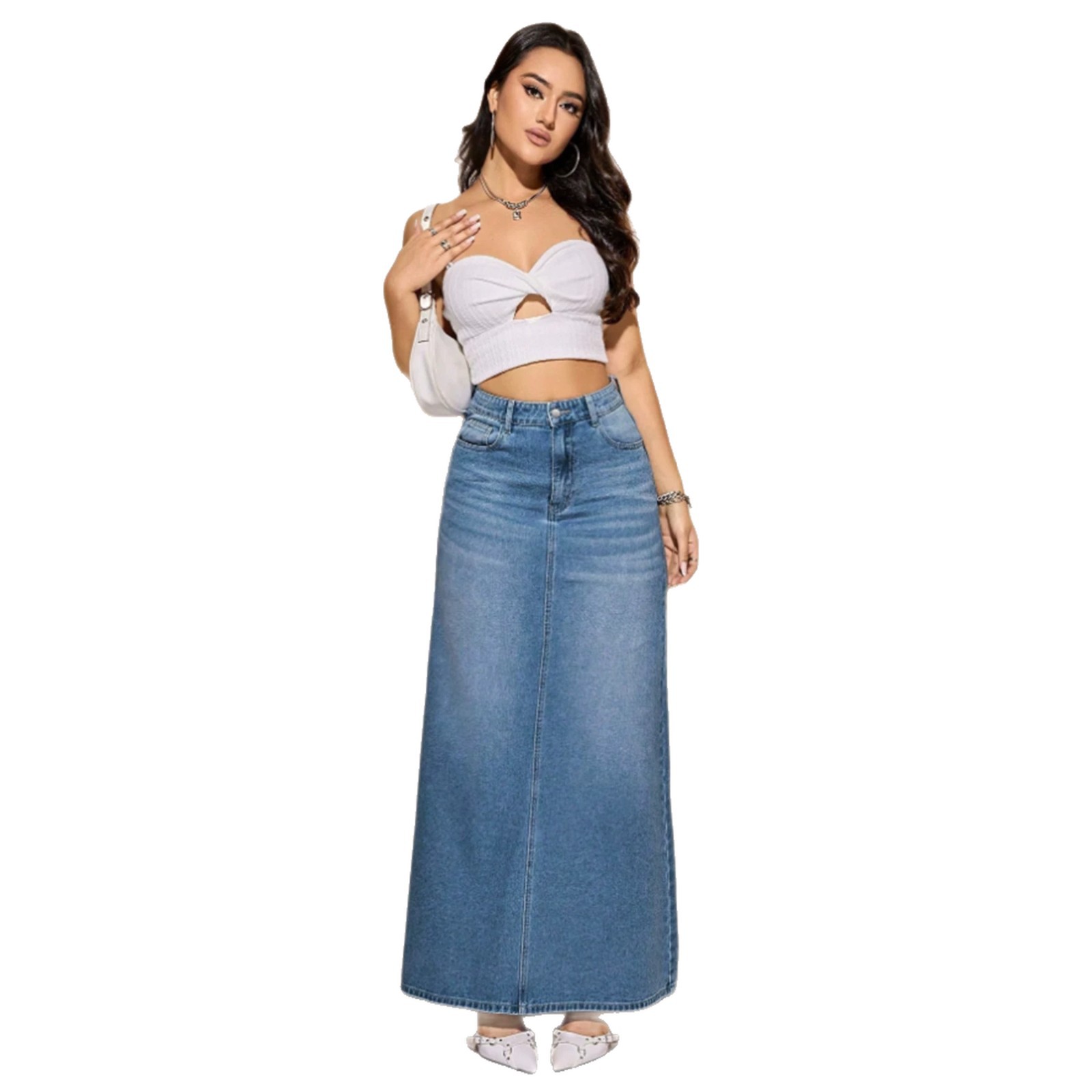 Women's Washed, Bleached Light Blue Versatile Loose Casual Denim Long Skirt photo 4