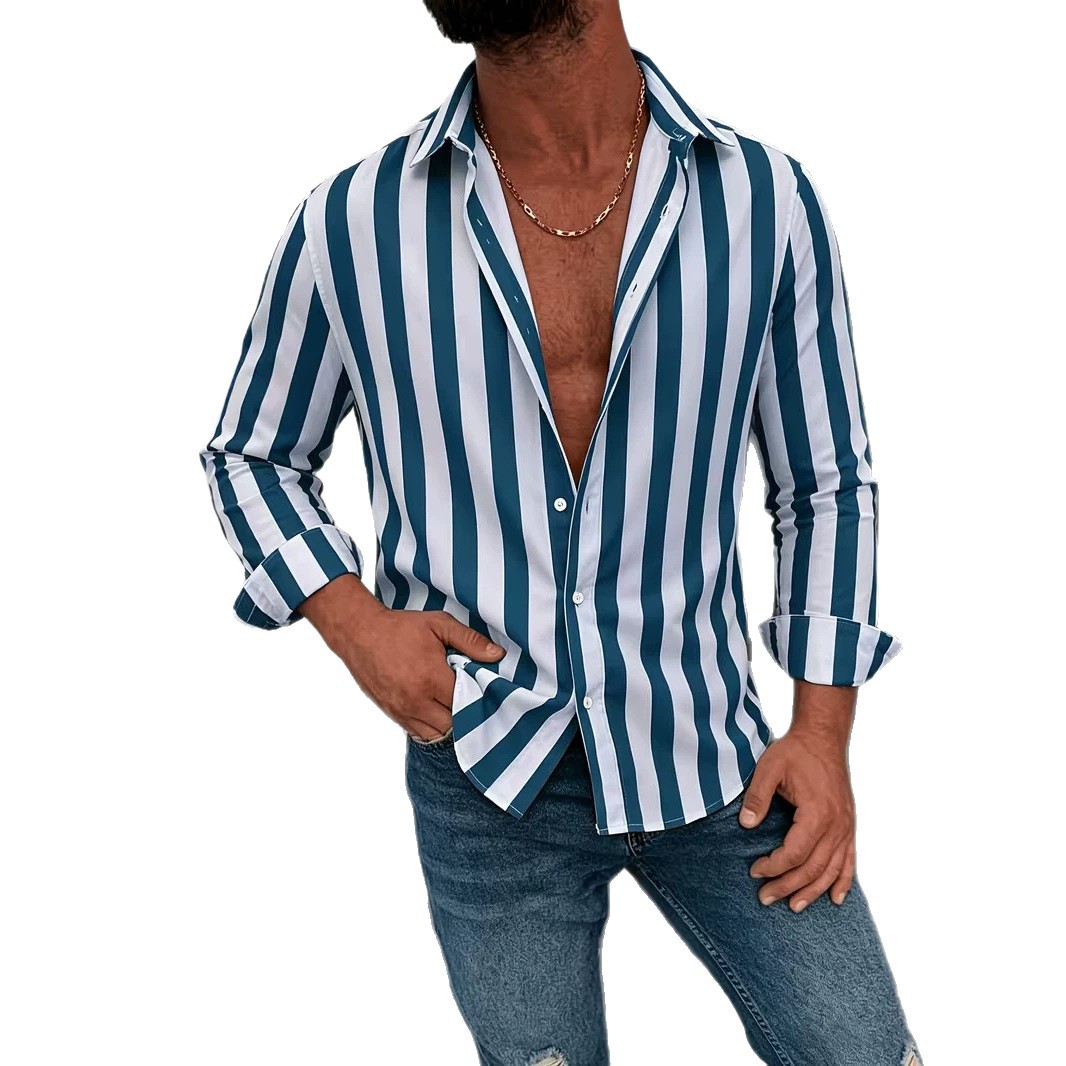 American-style Casual Men's Striped Long-sleeve Shirt photo 8
