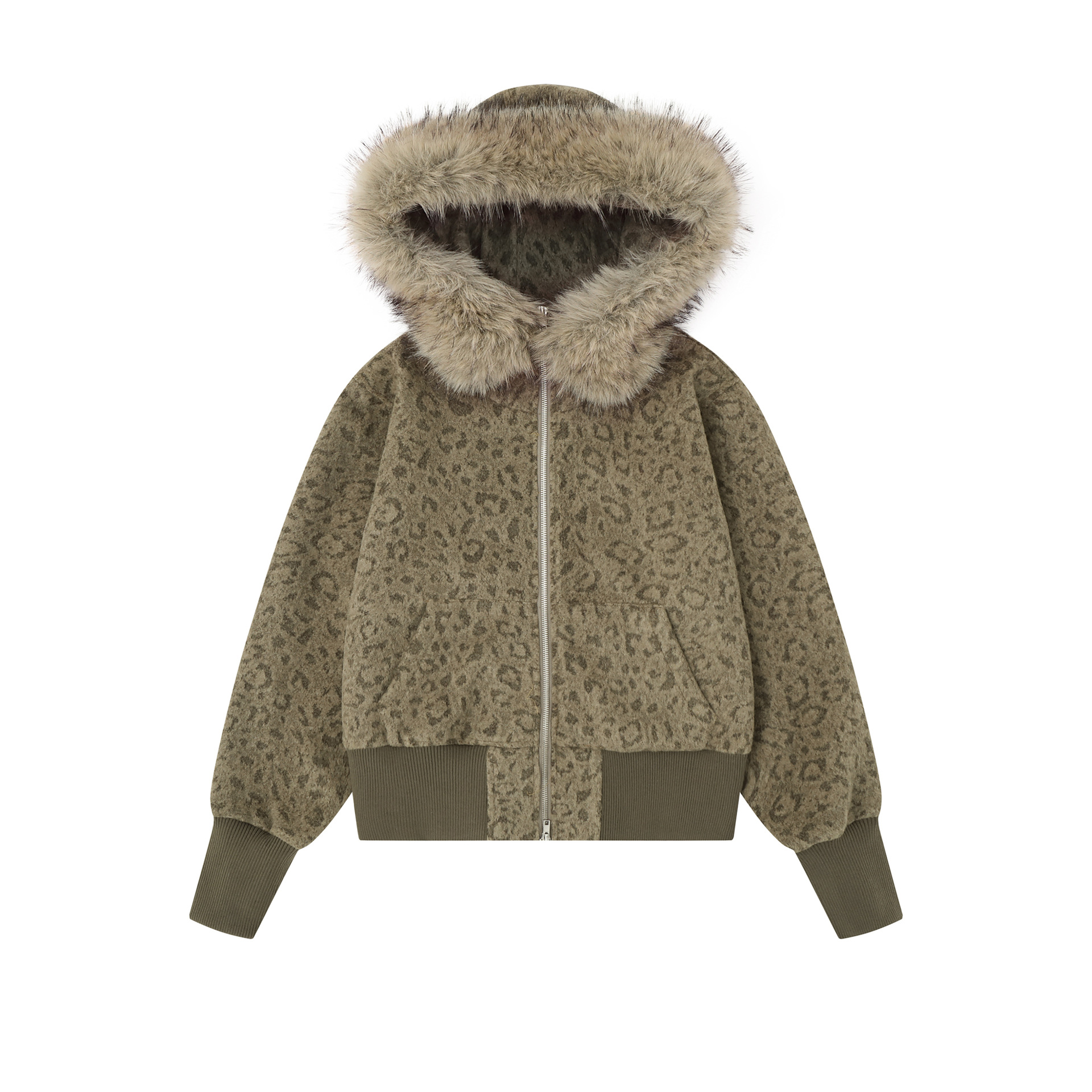Maillard Brown Leopard-print Large Fur-hooded Coat photo 1