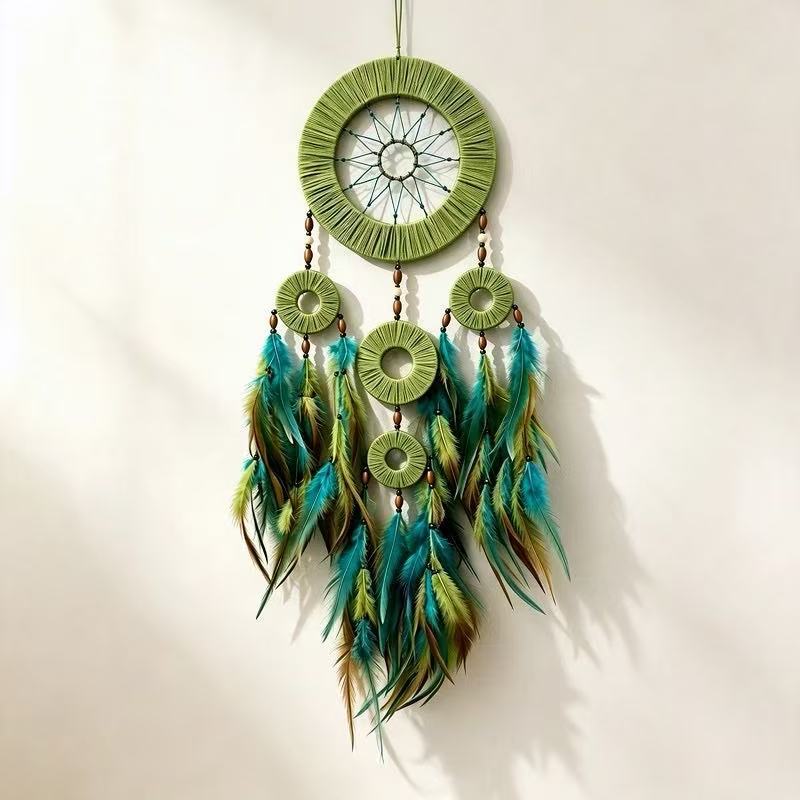 Forest Green Bohemian Five Ring Dreamcatcher - Feather Wall Hanging Decor for Home Bedroom Nursery photo 4