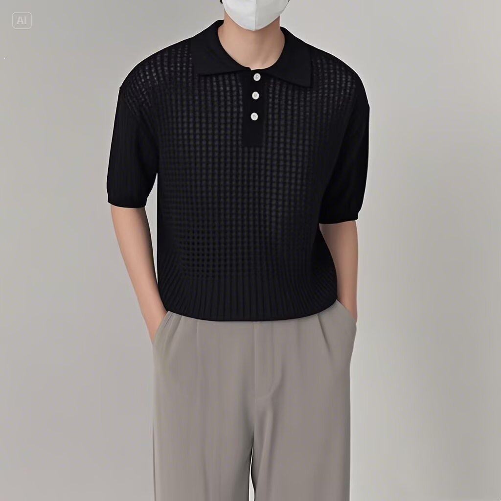 Mens Retro Solid-Color Half-Sleeve Lapel T-Shirt photo 1