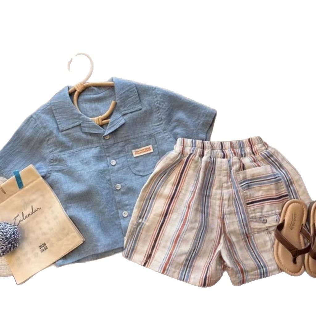 Boy's Cotton-linen Short-sleeve Shirt And Vertical-striped Shorts Two-piece Set photo 2