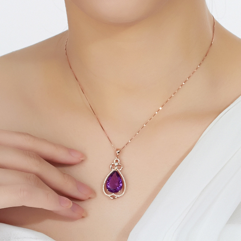 Quality Ear Hook Purple Gemstone Diamond Ring Rose Gold Collarbone Necklace Set photo 1