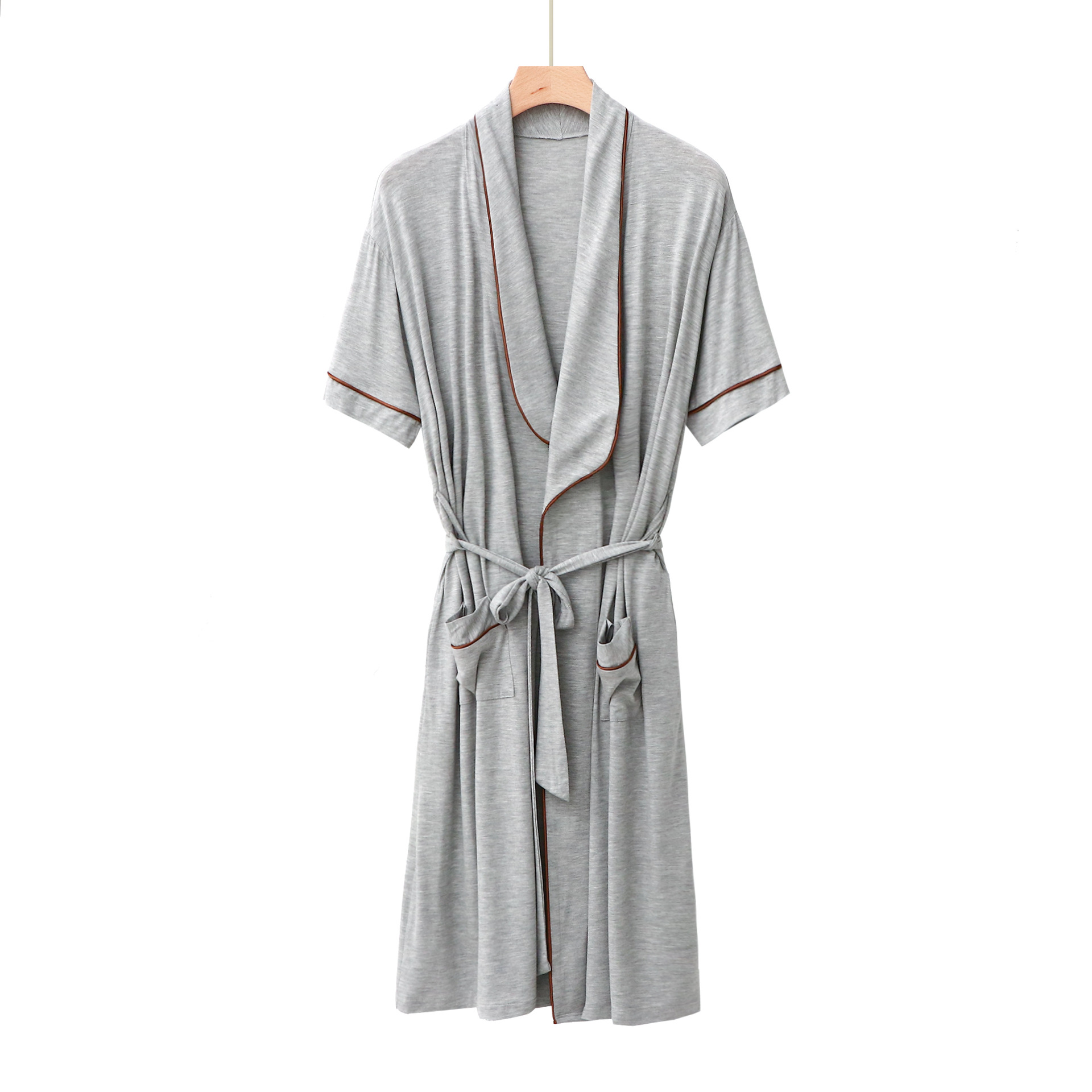 Mens Short-sleeved Mandarin-collar Mid-length Belted Draping Pajama Bathrobe photo 4