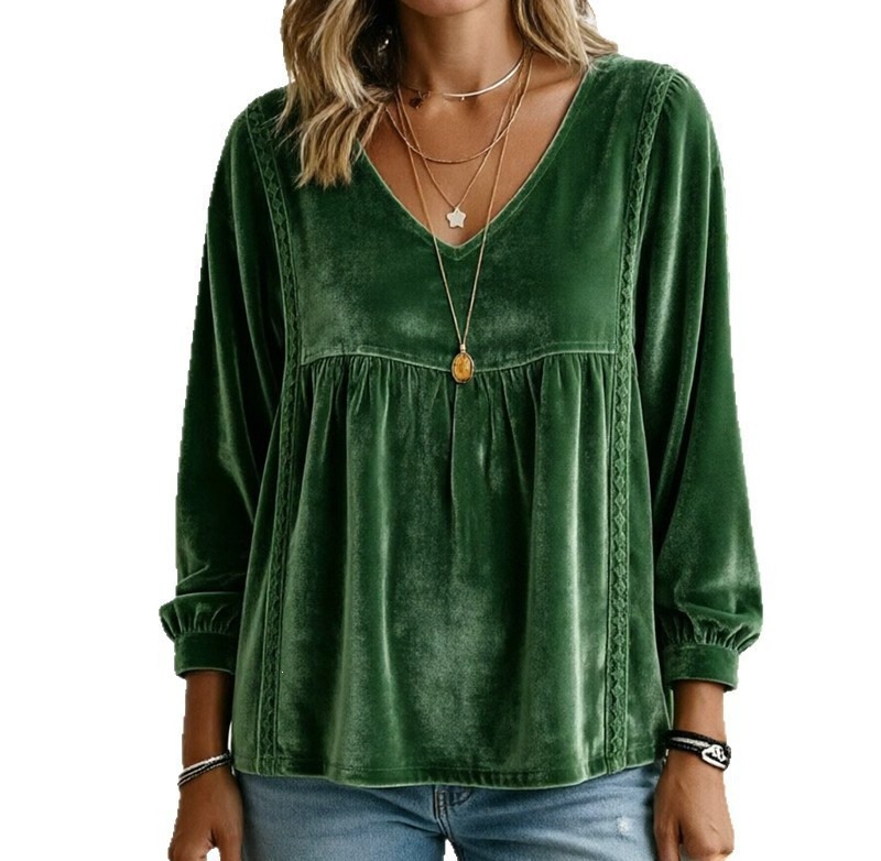 V-neck Lace Velvet Casual Loose-fitting Long-sleeve Top photo 6