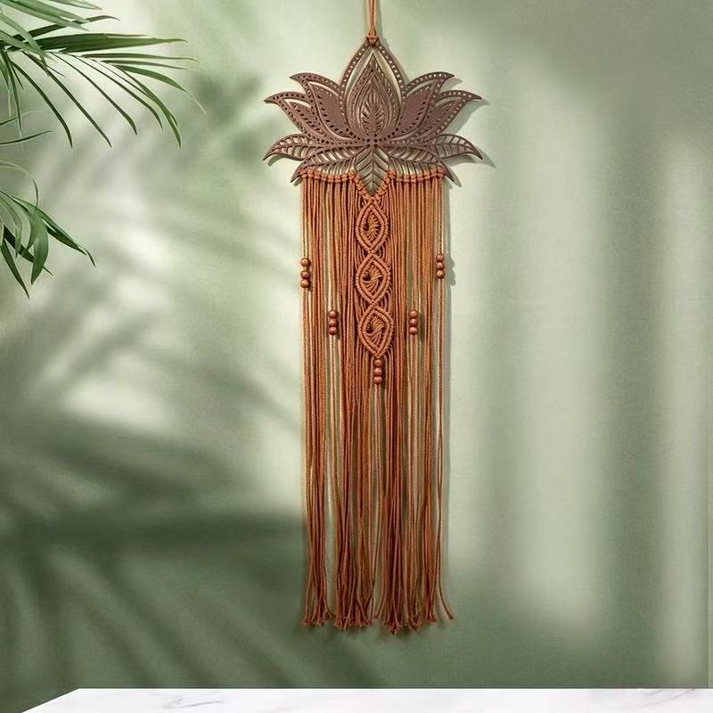 Bohemian Lotus Woven Iron Tapestry with Tassels - Handmade Cotton Rope Wall Hanging for Living Room and Guesthouse Decor photo 5