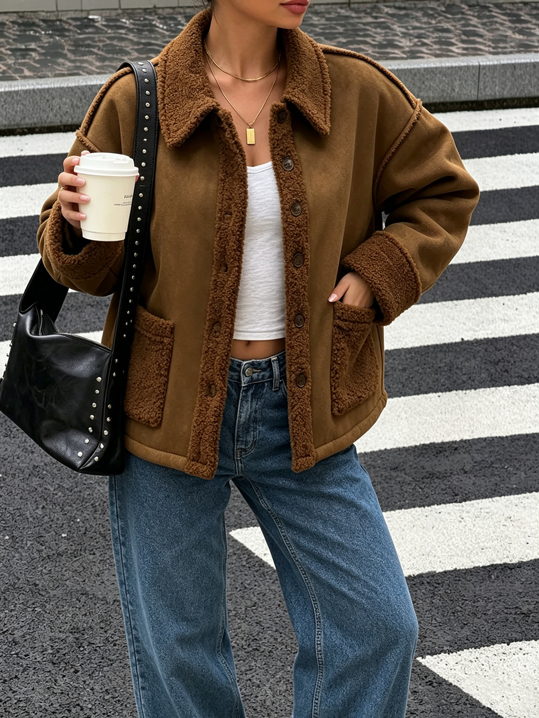 Lamb Wool Collar Loose-fitting Short Warm Jacket photo 3