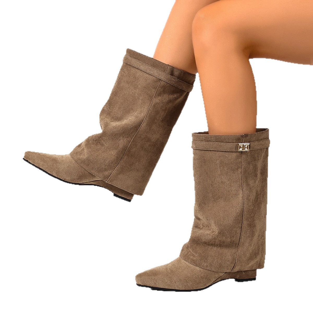 European And American-style Suede High-heeled Boots With A Tapered Leg Metal Buckles Pointed Toe And Pleated Detailing photo 5