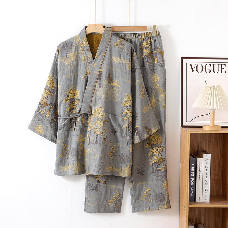 Pajama Hanfu Loungewear Pure Cotton Yarn-Dyed Jacquard Loose-Fit Lace-Up Home Set photo 5