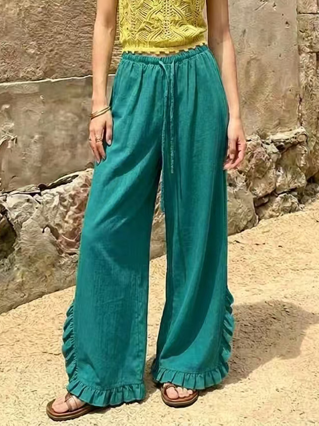High Waisted Wide Leg Trousers With A Draped Ruffled Hem Casual Long Pants photo 6