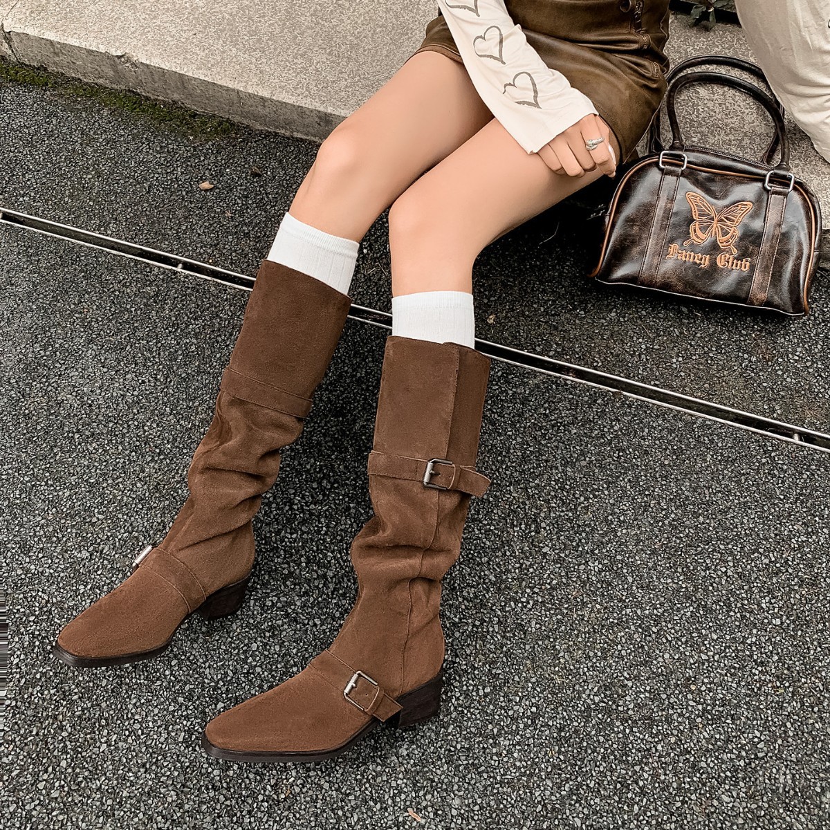 Women's Retro Cowhide Leather Belt-Clasp Chunky-Heel Western Cowboy Boots photo 7