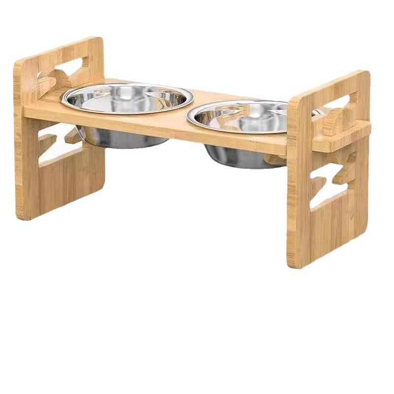 Bamboo And Wood Cat And Dog Bowl Rack, Pet Double-bowl Food And Water Bowls, For Small To Medium-sized Pets photo 5