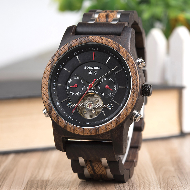 Business Flywheel Mechanical Multi-function Wooden Watch photo 6