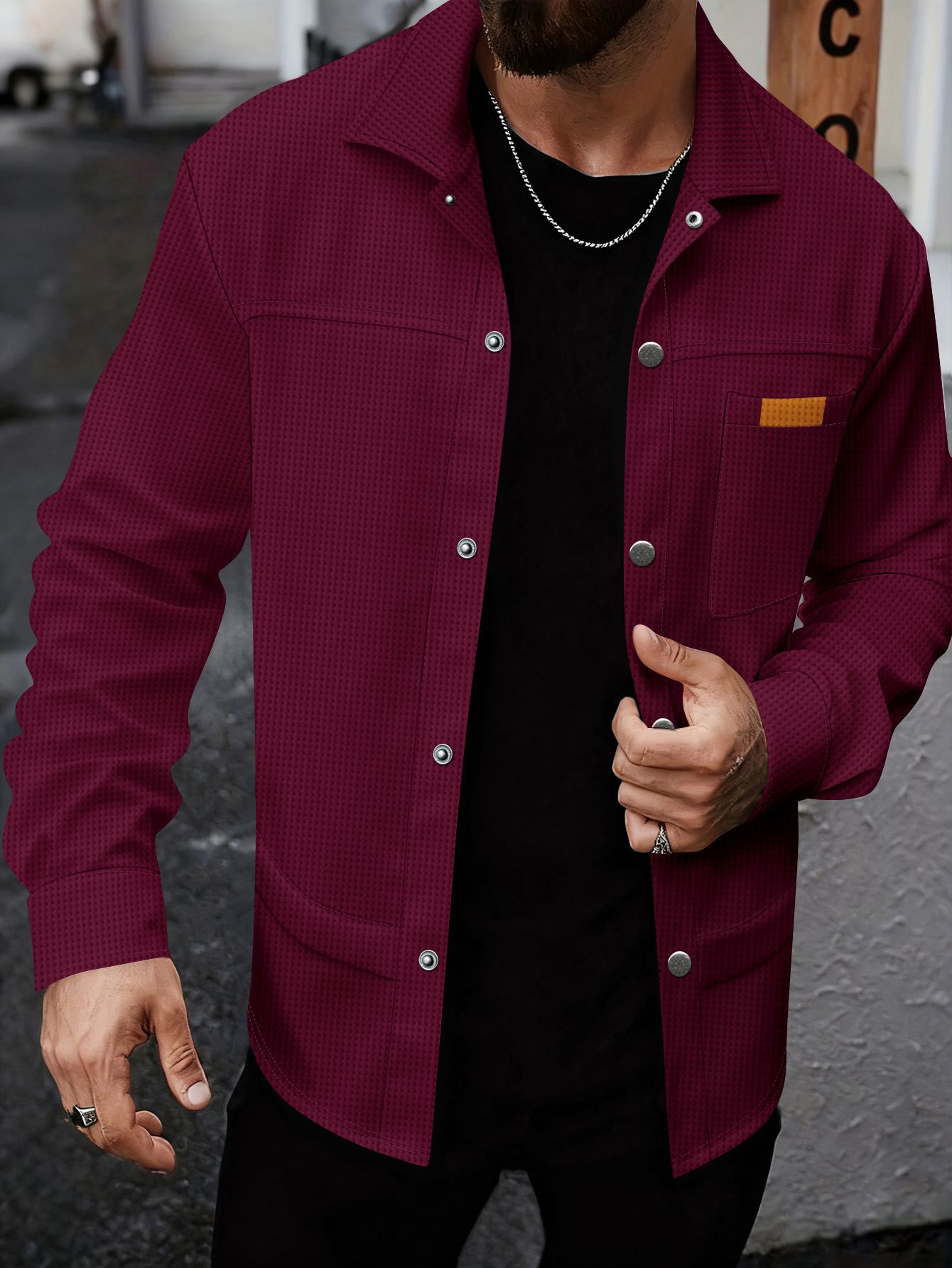 Solid-color Lapel-pocket Button-front Workwear Casual Long-sleeved Shirt photo 6