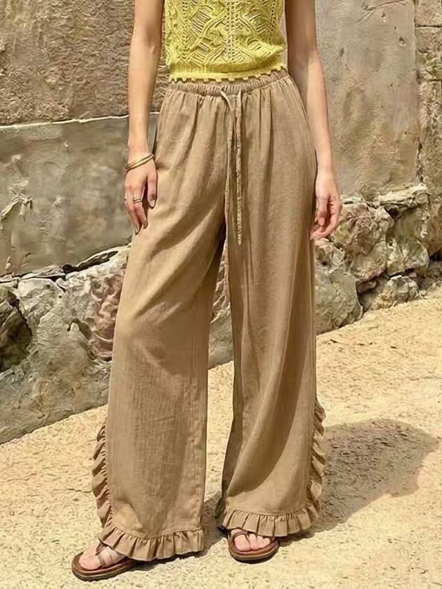 High Waisted Wide Leg Trousers With A Draped Ruffled Hem Casual Long Pants photo 5